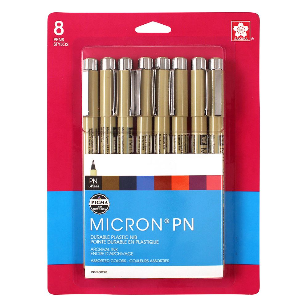Sakura Pigma Micron PN - Plastic Nib 8 Pc Set; Contains 1 ea: Black, Blue, Red, Purple, Rose, Sepia, Burgundy, Blue/Black
