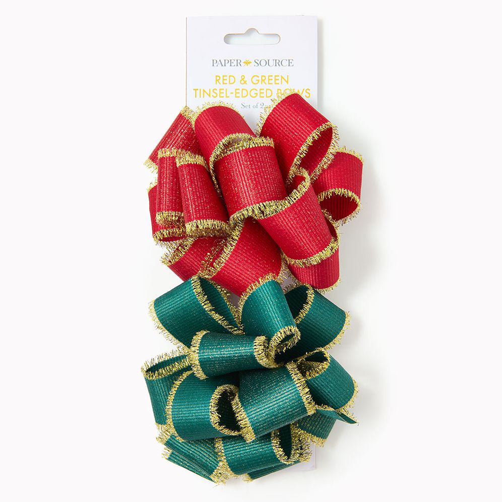 Red/Green Tinsel-Edged Bows S/2