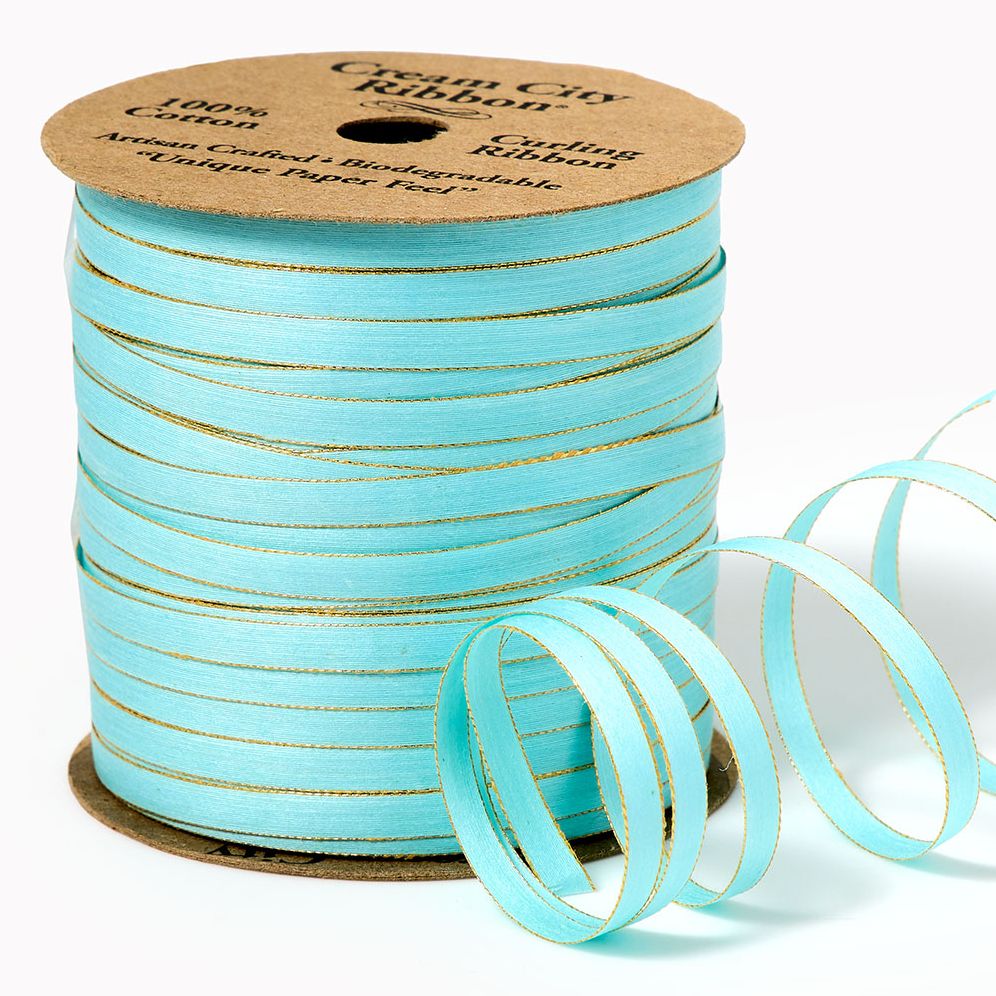 Skinny Cotton Ribbon Sky Blue/Gold 50yd