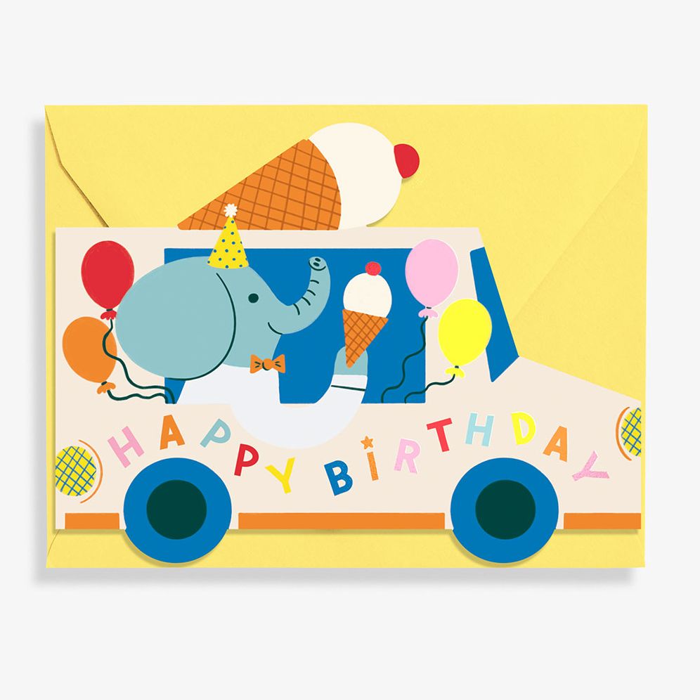 Elephant in Ice Cream Truck Birthday Diecut Card