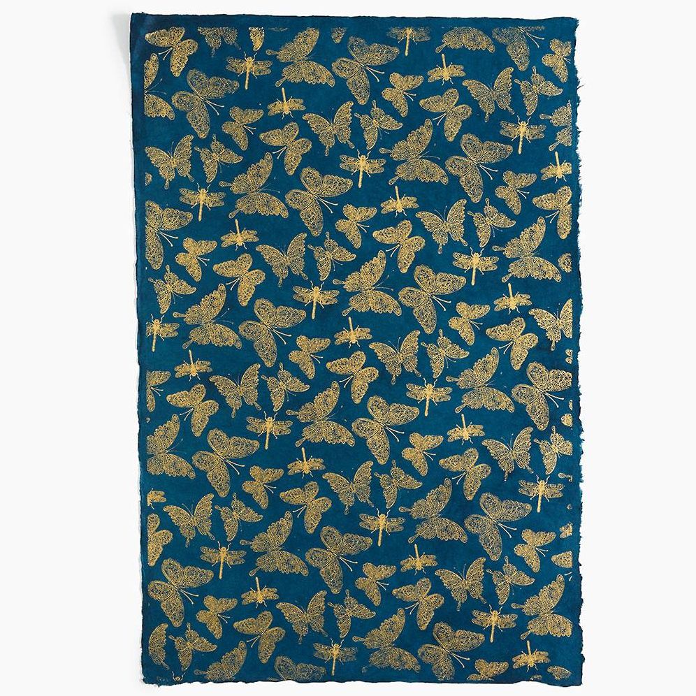 Butterfly & Dragonfly on Dark Teal Handmade Paper