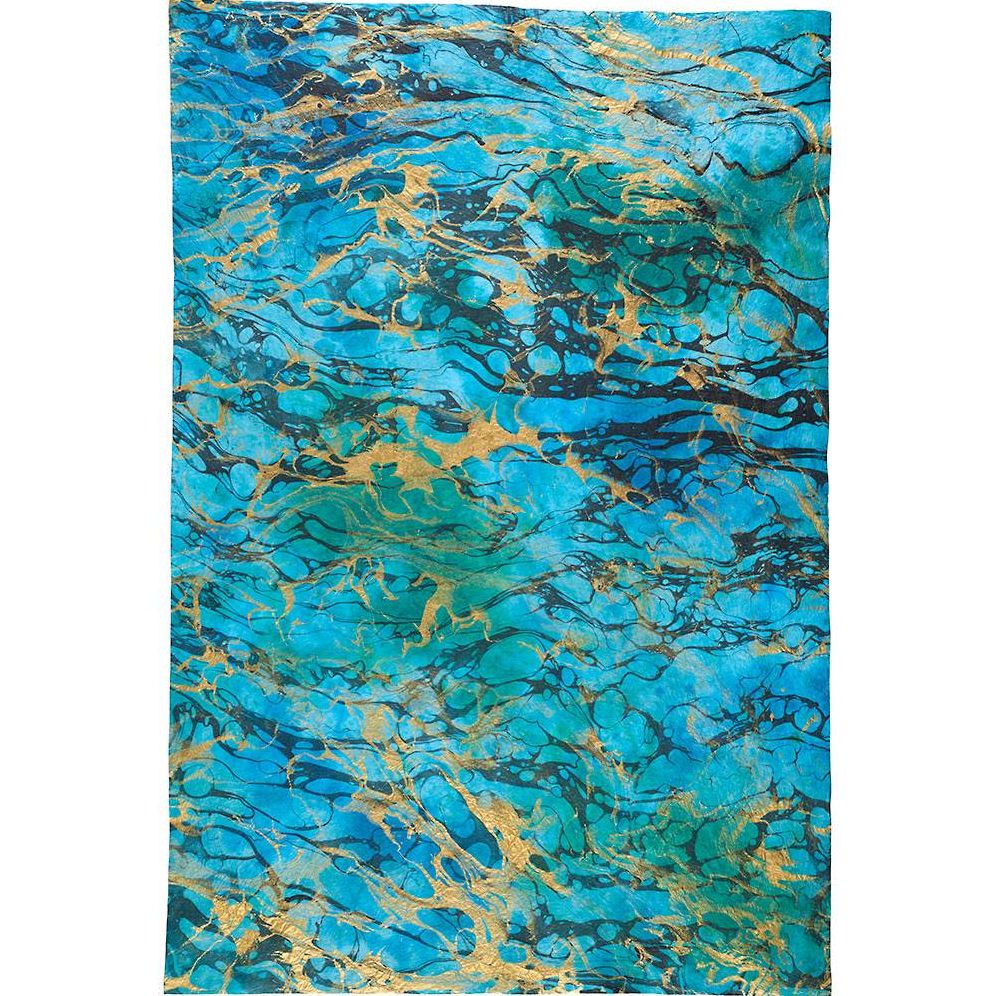 Blue with Gold and Black Marbling Waves Handmade Paper
