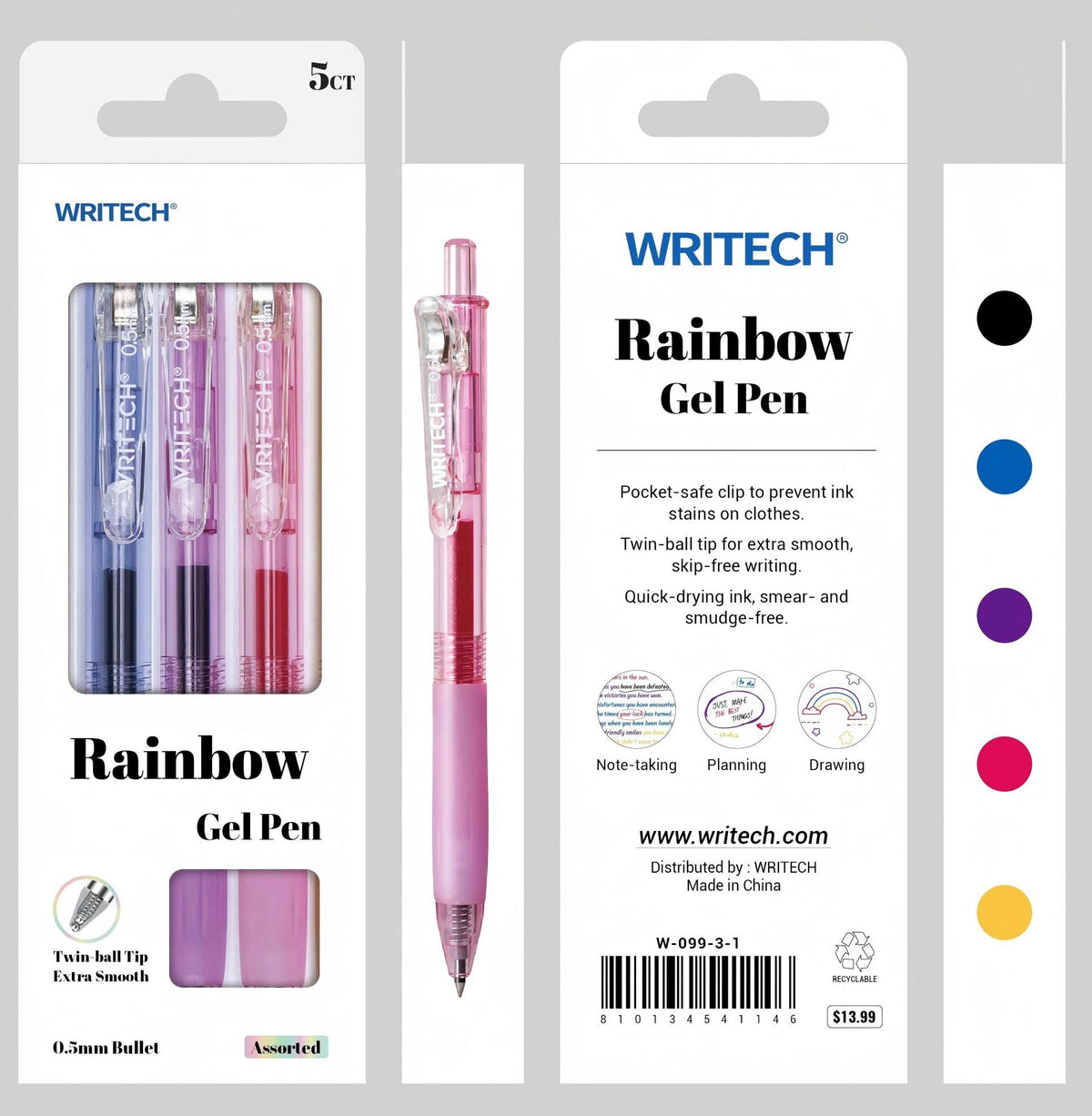 Clear Sherbert Rainbow Gel Pen S/5 - Assorted Ink