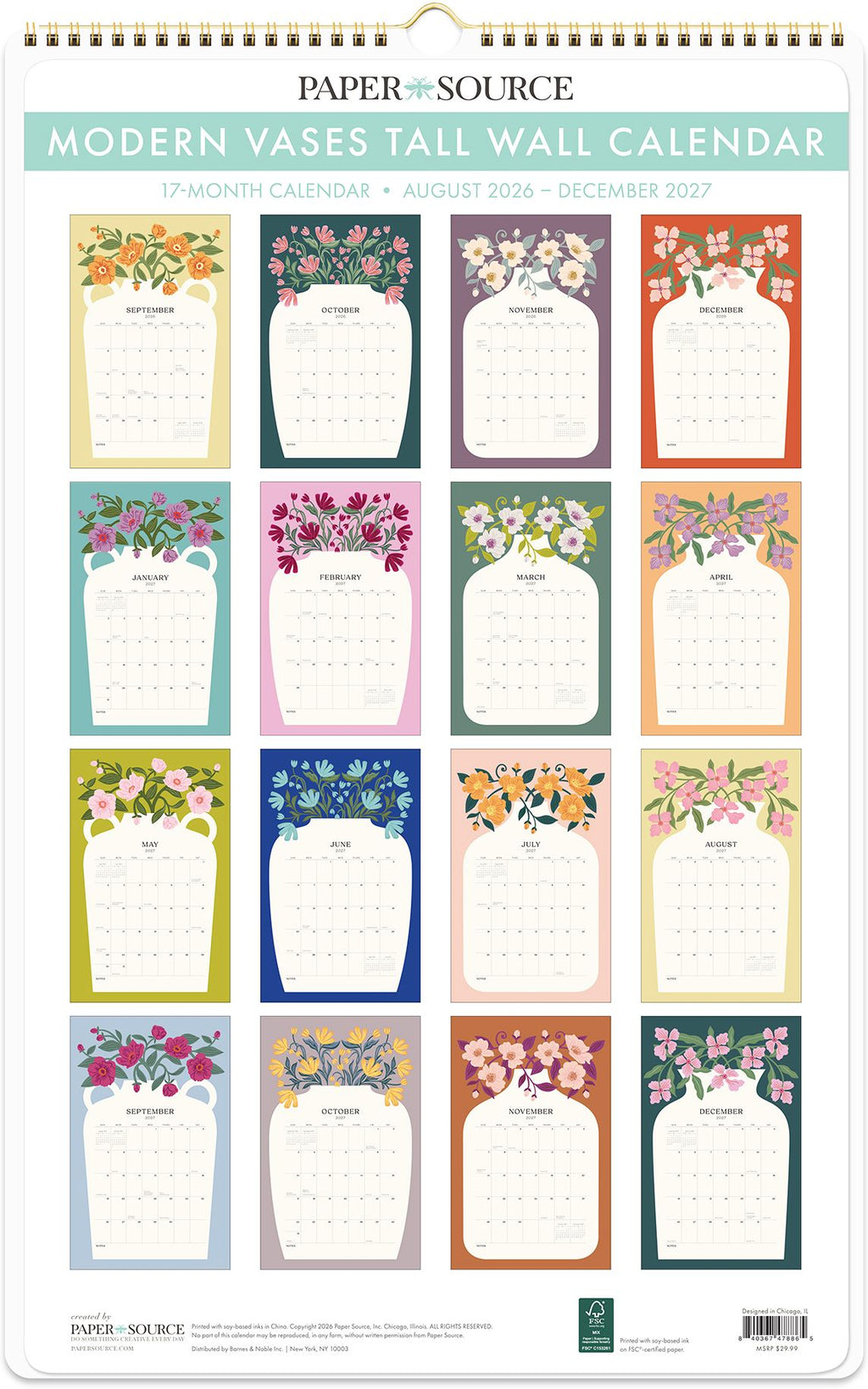 2026-2027 Paper Source Modern Vases Tall Wall Calendar