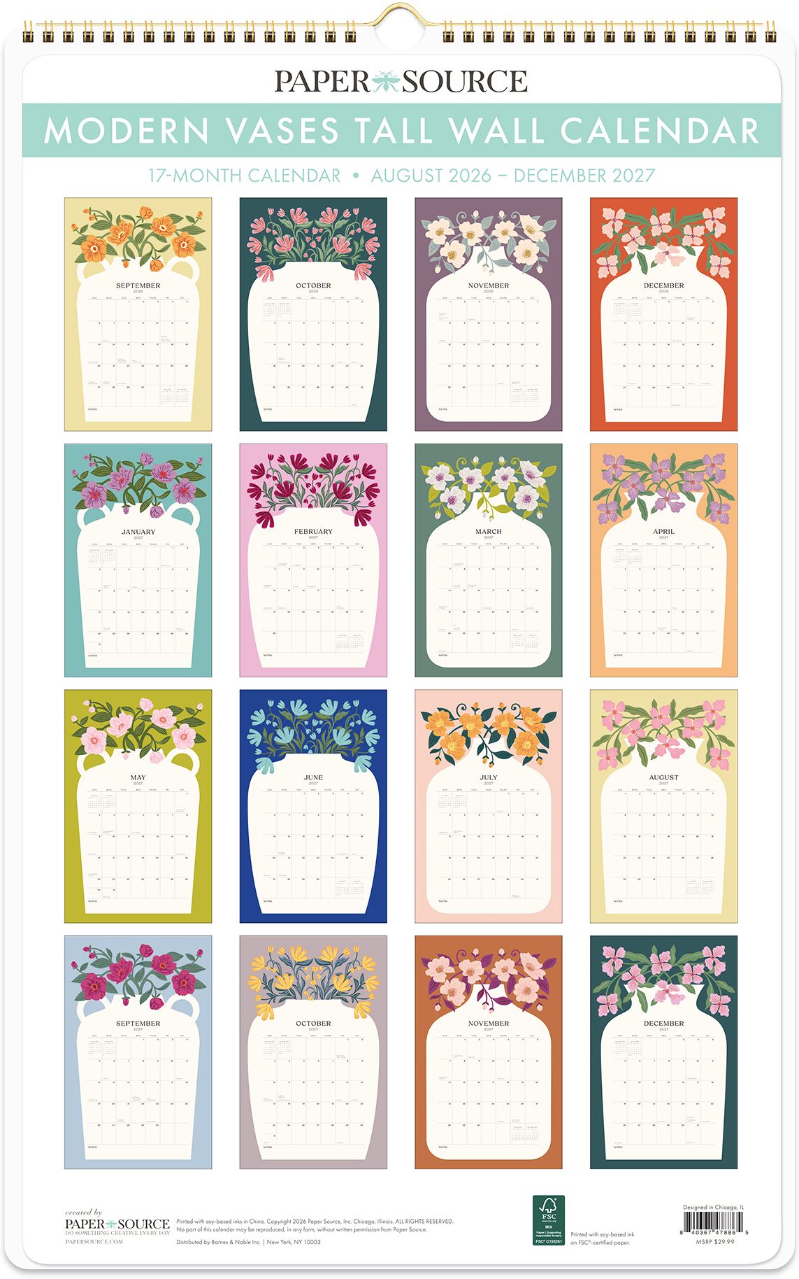 2026-2027 Paper Source Modern Vases Tall Wall Calendar
