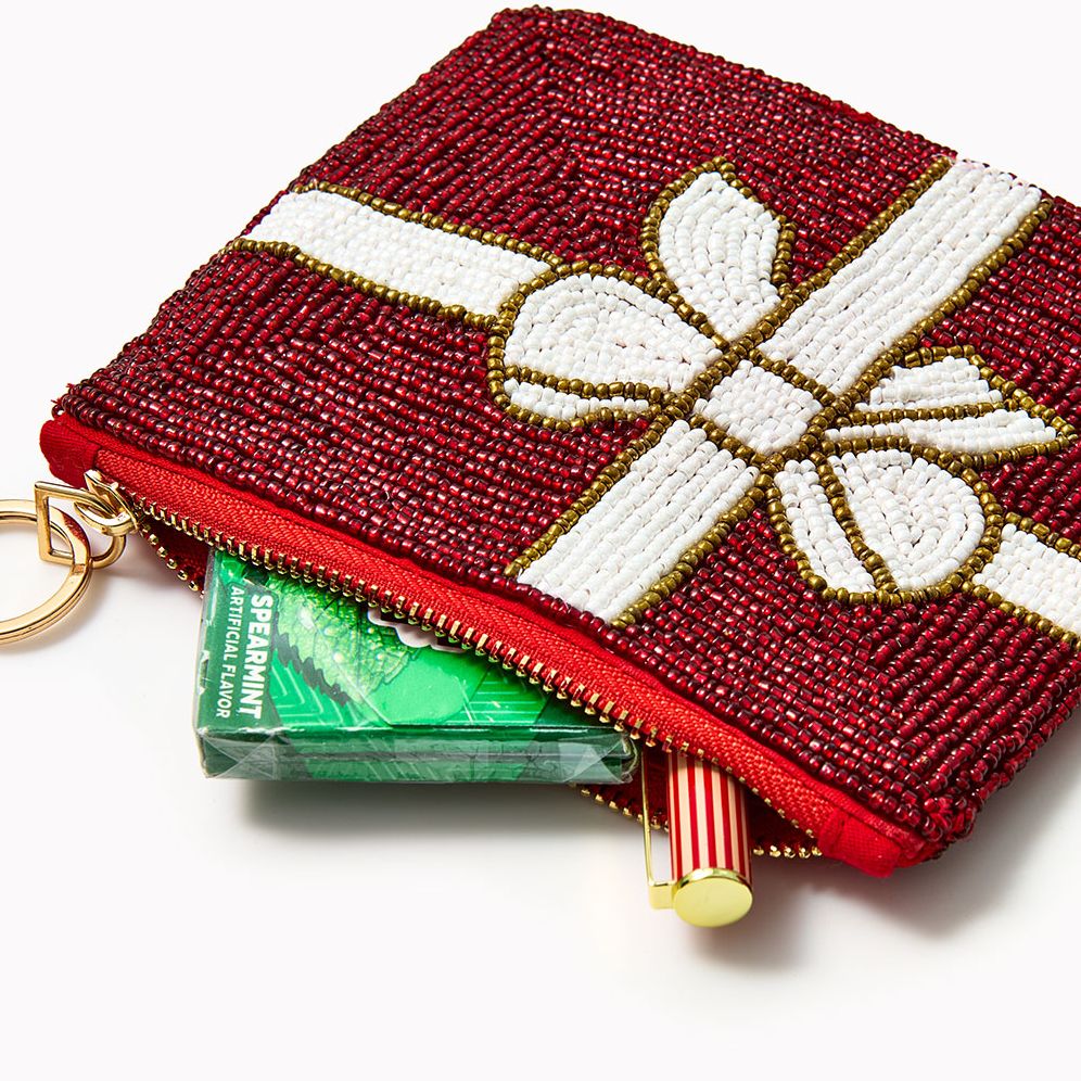 Beaded Bow Zip Pouch with Key Ring