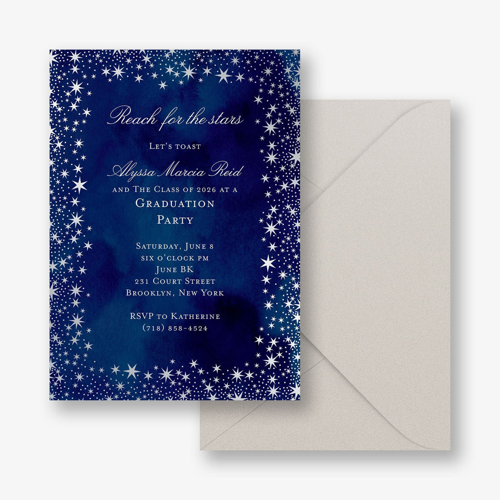Silver Foil Reach For The Stars Graduation Party Invitation