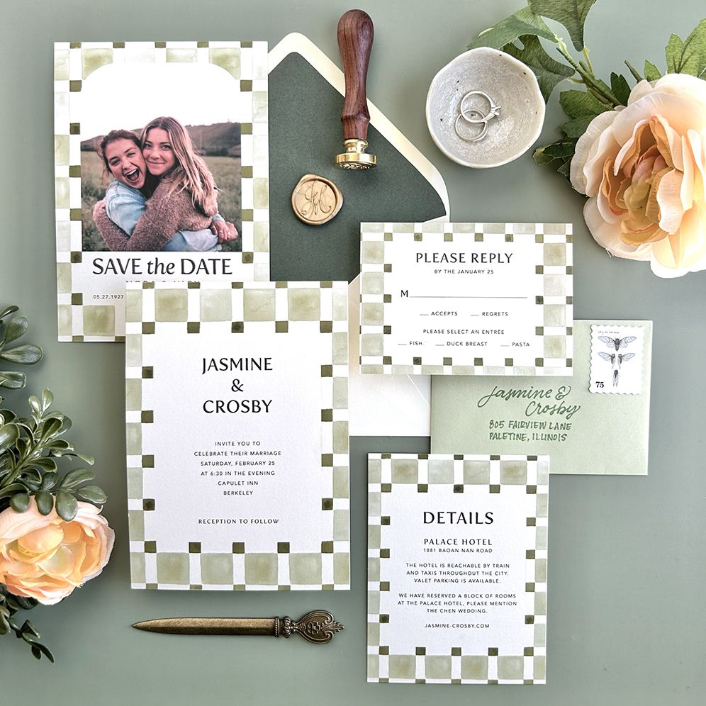 Organic Check Green Wedding Invitation