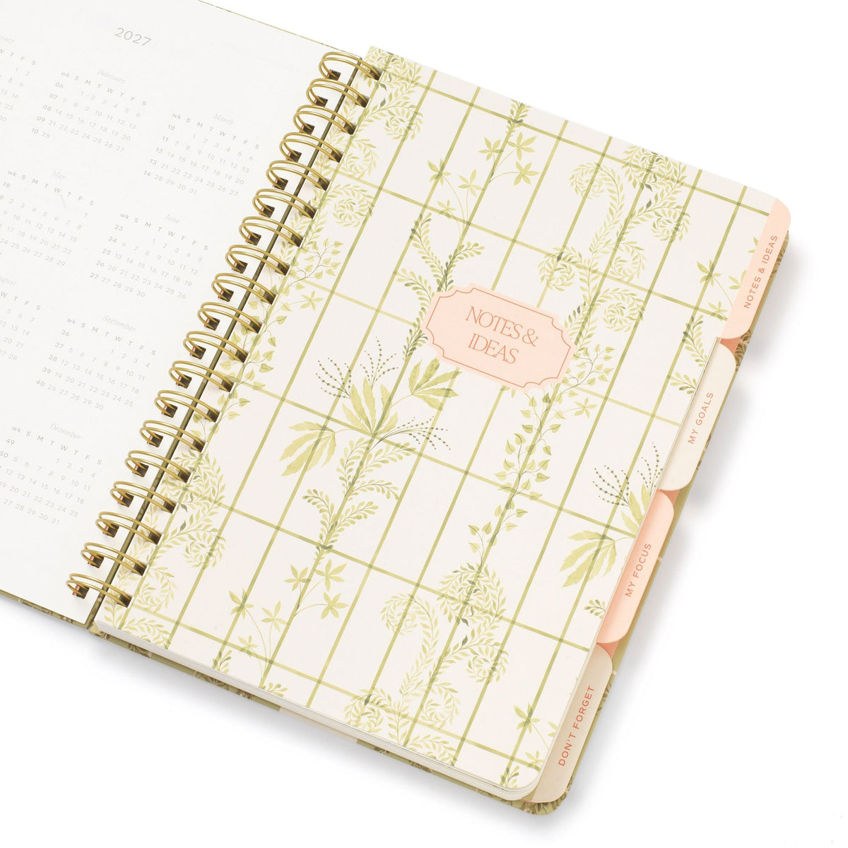2027 Trellis B5 Hardcover Spiral Calendar Year Planner, 4 Dividers, Green