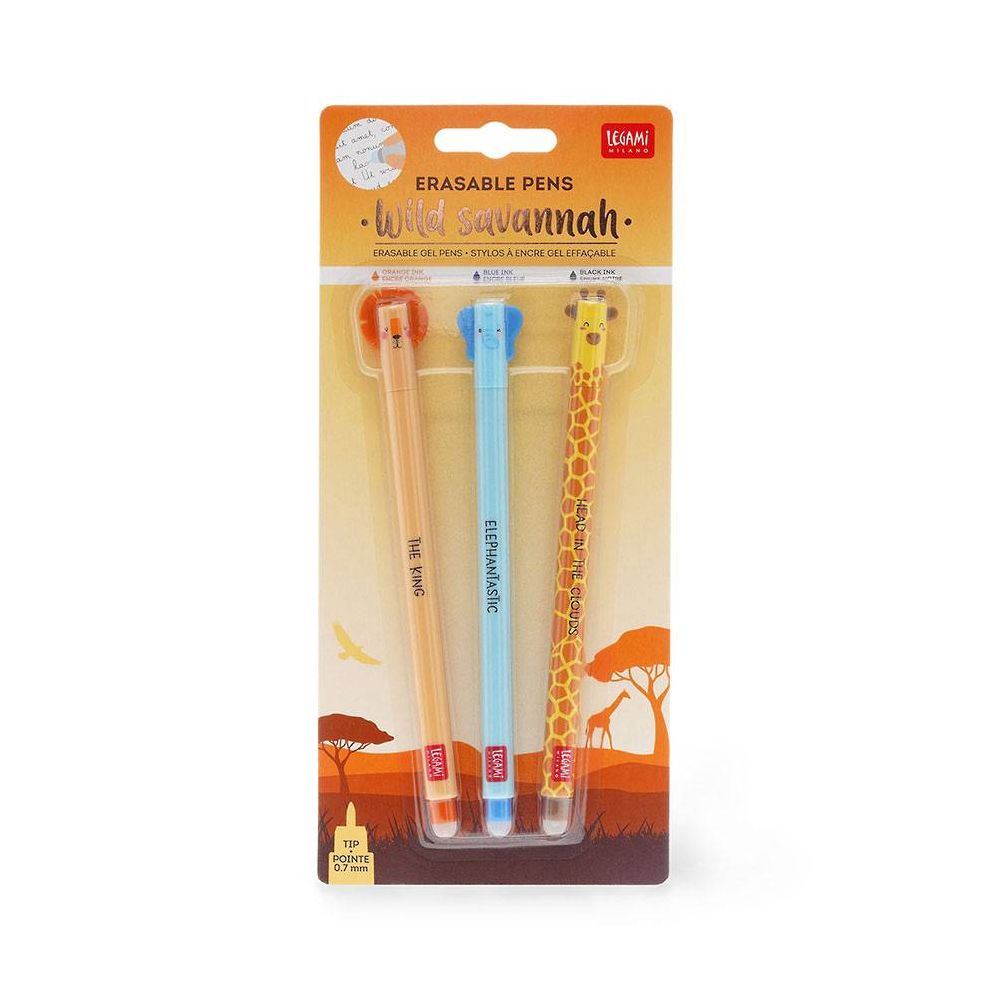 Legami Set Of 3 Erasable Gel Pens - Wild Savannah - Lion + Elephant + Giraffe