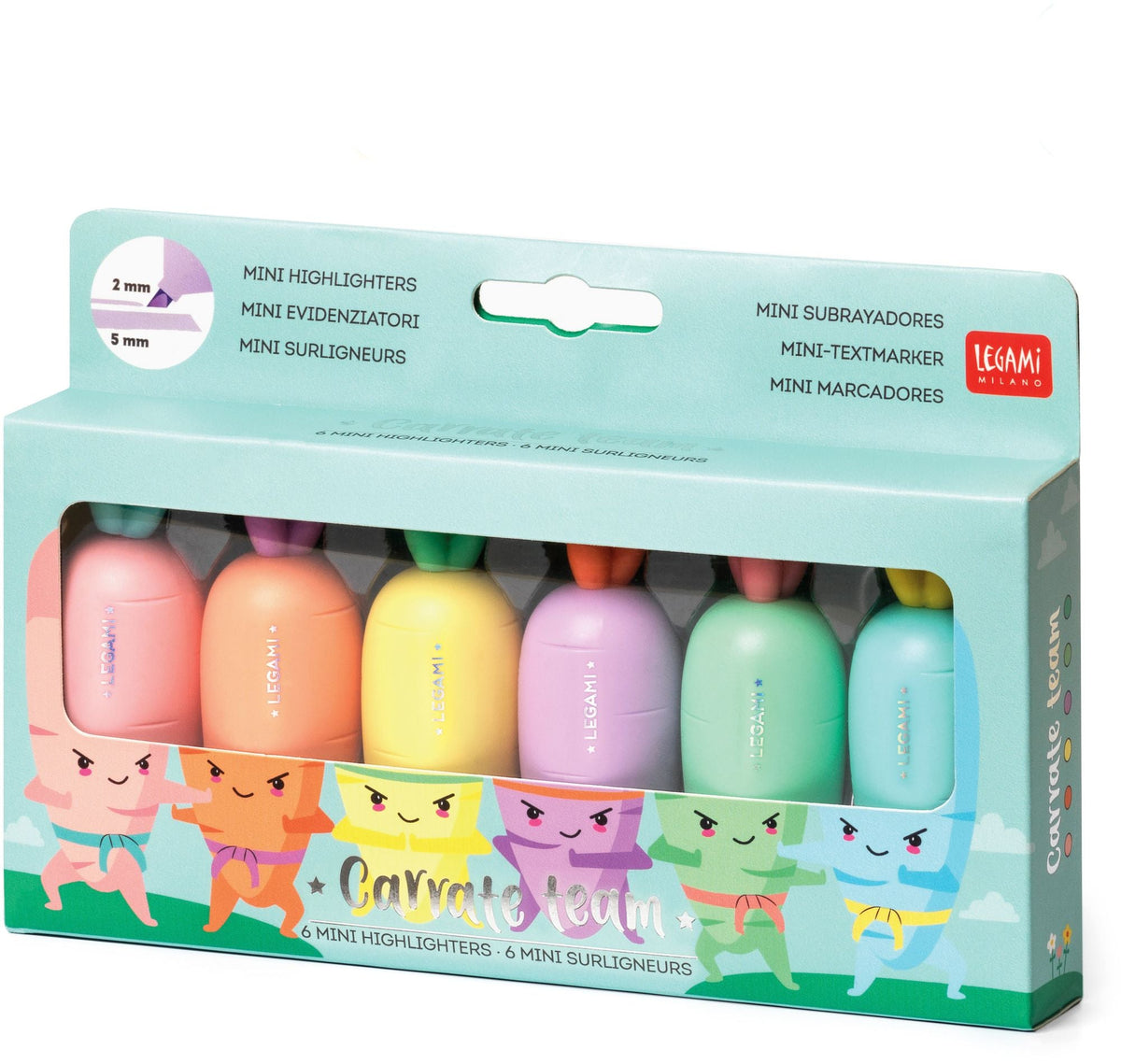 Legami Set Of 6 Mini Highlighters - Carrate Team - Carrot