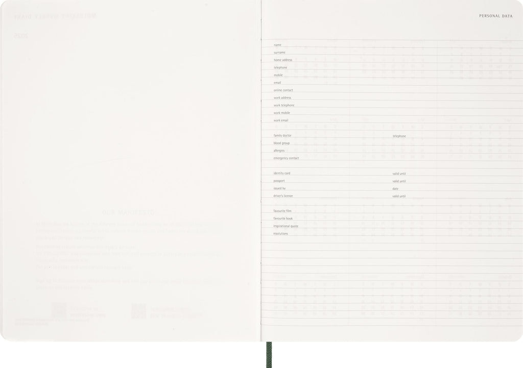 2027 Moleskine 15-Month Essential Planner, Soft Cover, Weekly Vertical, XXL (8.5" x 11"), Myrtle Green, 128 pages