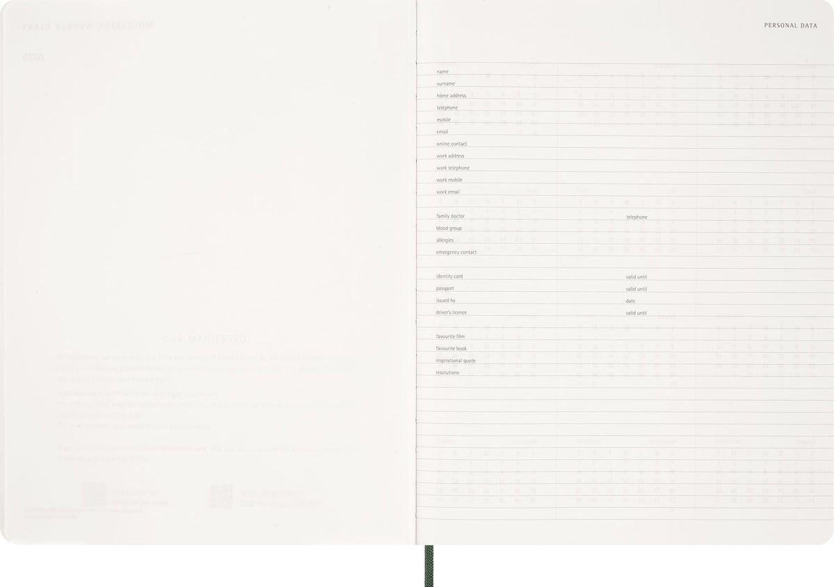 2027 Moleskine 15-Month Essential Planner, Soft Cover, Weekly Vertical, XXL (8.5" x 11"), Myrtle Green, 128 pages
