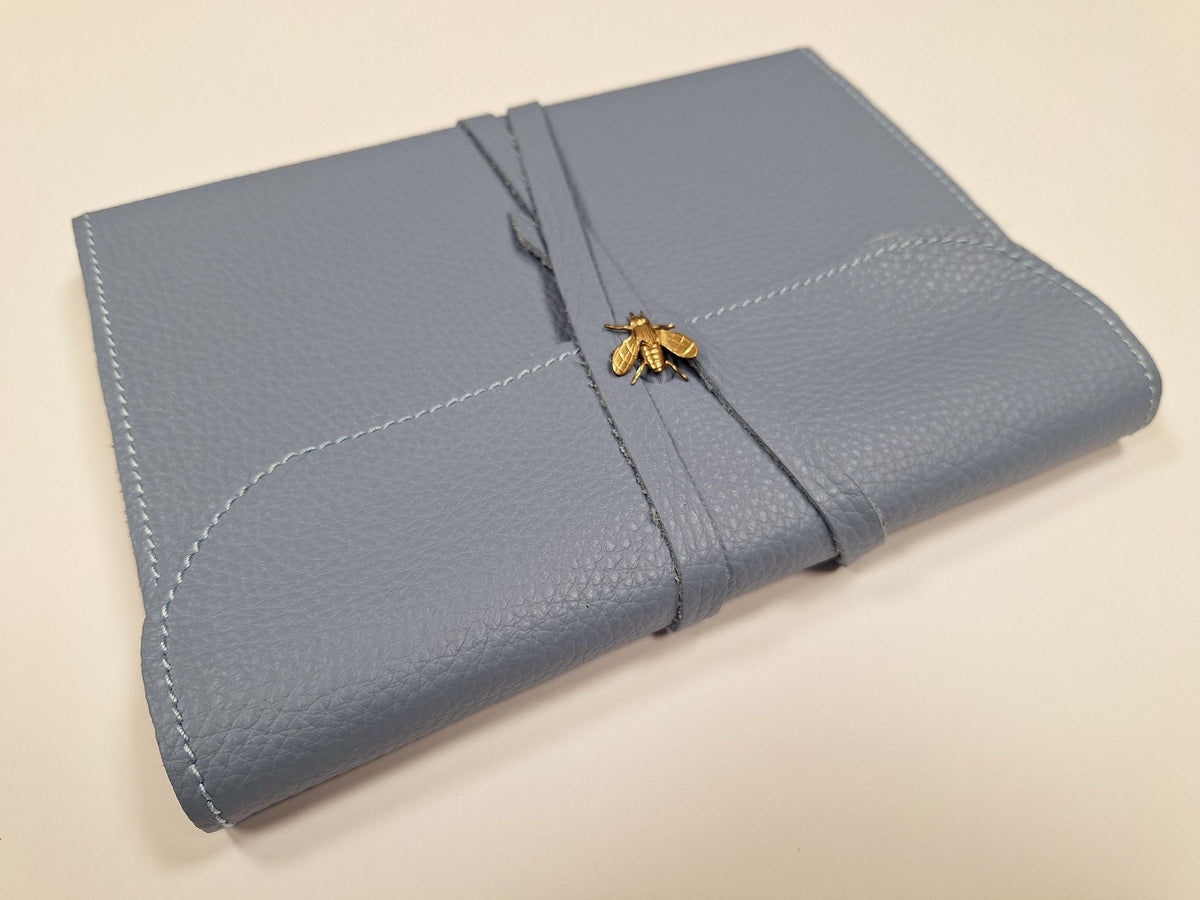 6x8 Avio Leather Journal with lace and Brass Bee ornament and IVORY edges