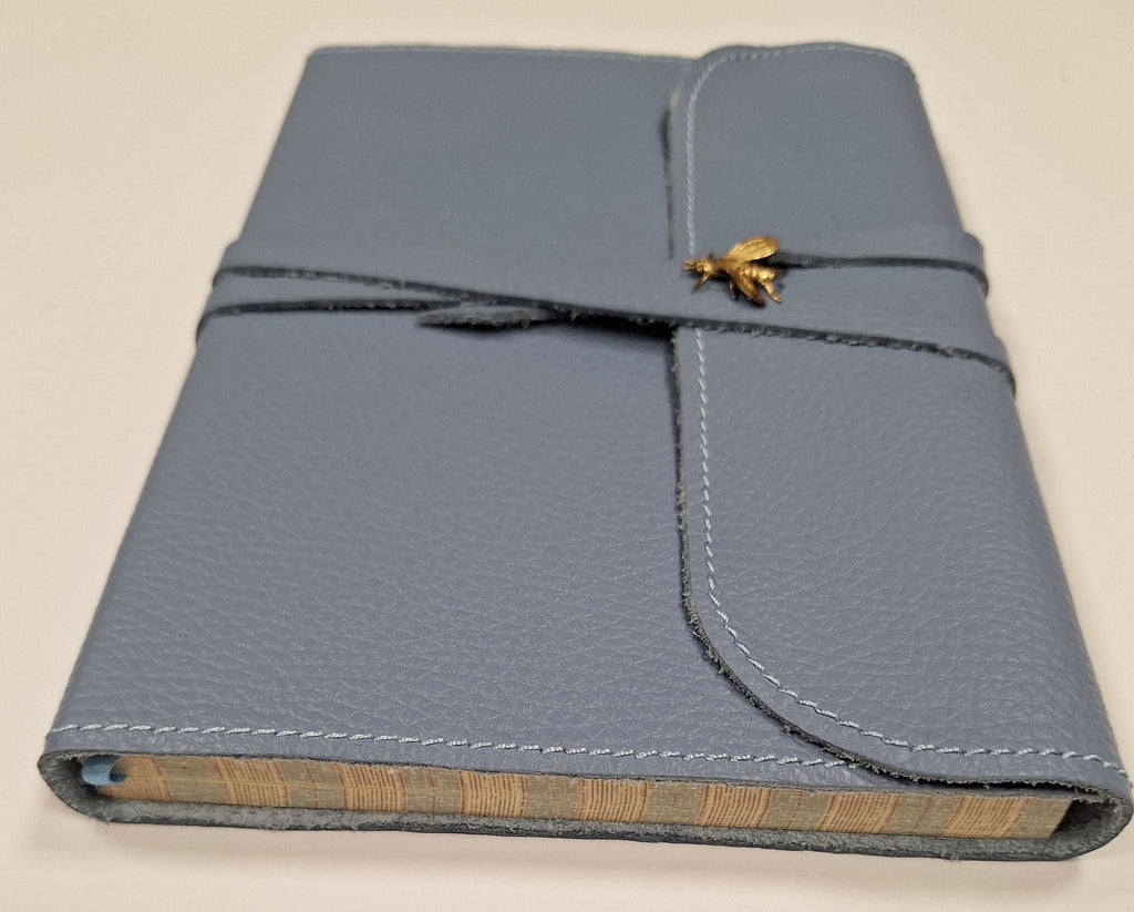 6x8 Avio Leather Journal with lace and Brass Bee ornament and IVORY edges
